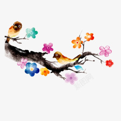 平面小鸟素材彩色梅花绘画元素高清图片