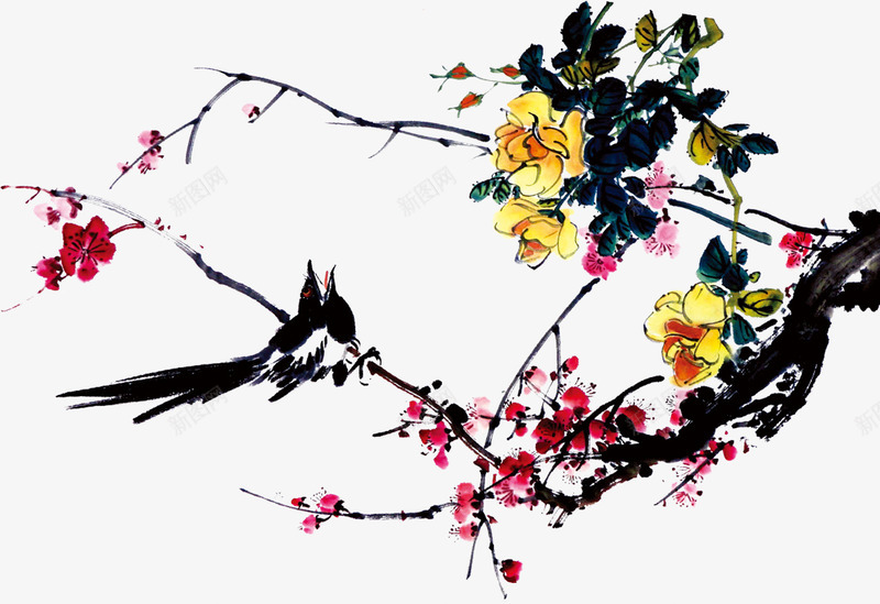 水墨画png免抠素材_新图网 https://ixintu.com 中国风 小鸟 梅花 水墨 水墨画 花儿 花朵
