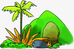 石头素材手绘卡通椰树石头高清图片