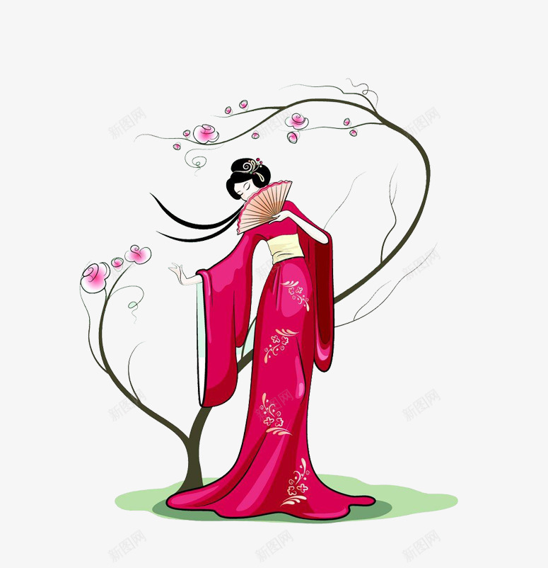 漂亮的和服女性和桃花树png免抠素材_新图网 https://ixintu.com 和服 女性 日本和服女 桃花扇 桃花树