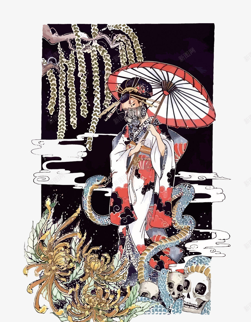 和风艺妓png免抠素材_新图网 https://ixintu.com 云 伞 和风 手绘 手绘插画 插画 日本 艺妓 蛇