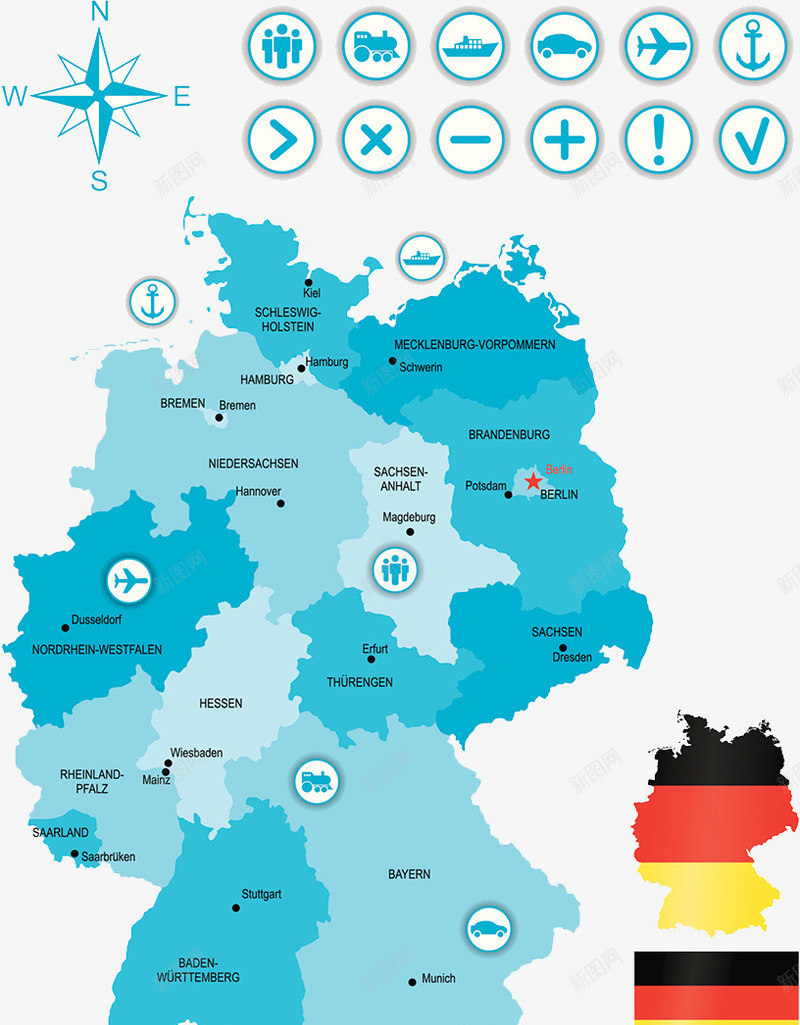德国旅游地图png免抠素材_新图网 https://ixintu.com 德国地图 指南 旅游景点 蓝色