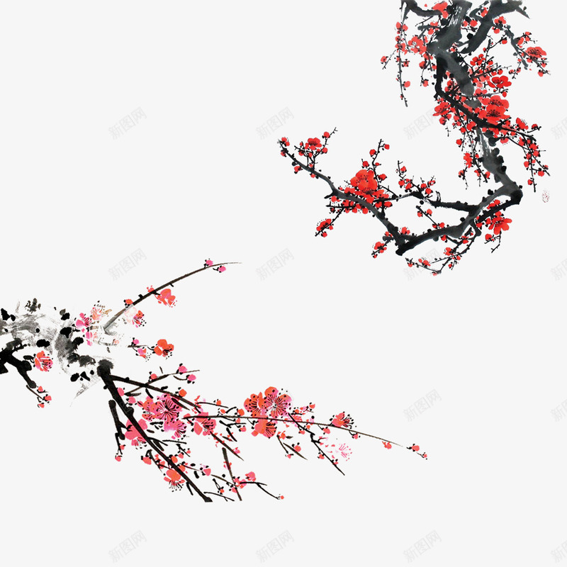 红色梅花psd免抠素材_新图网 https://ixintu.com 树枝 水墨画 红色梅花 装饰素材