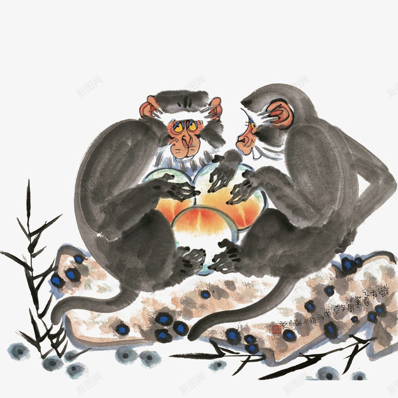 中国风水墨画两只猿猴坐在石头上png免抠素材_新图网 https://ixintu.com 中国风 中国风水墨画两只猿猴坐在石头上免抠免费下载 动物 可爱 国画 插画 桃子 水墨 水墨猴子 猴子 猿猴 石头