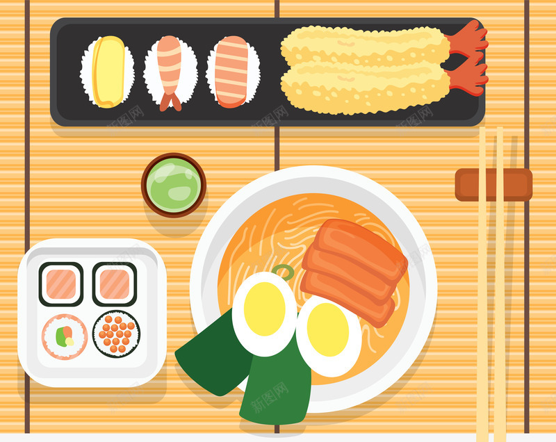 日本料理png免抠素材_新图网 https://ixintu.com 免抠图 卡通有趣 拉面 油炸食品 矢量图案 黄色竹垫
