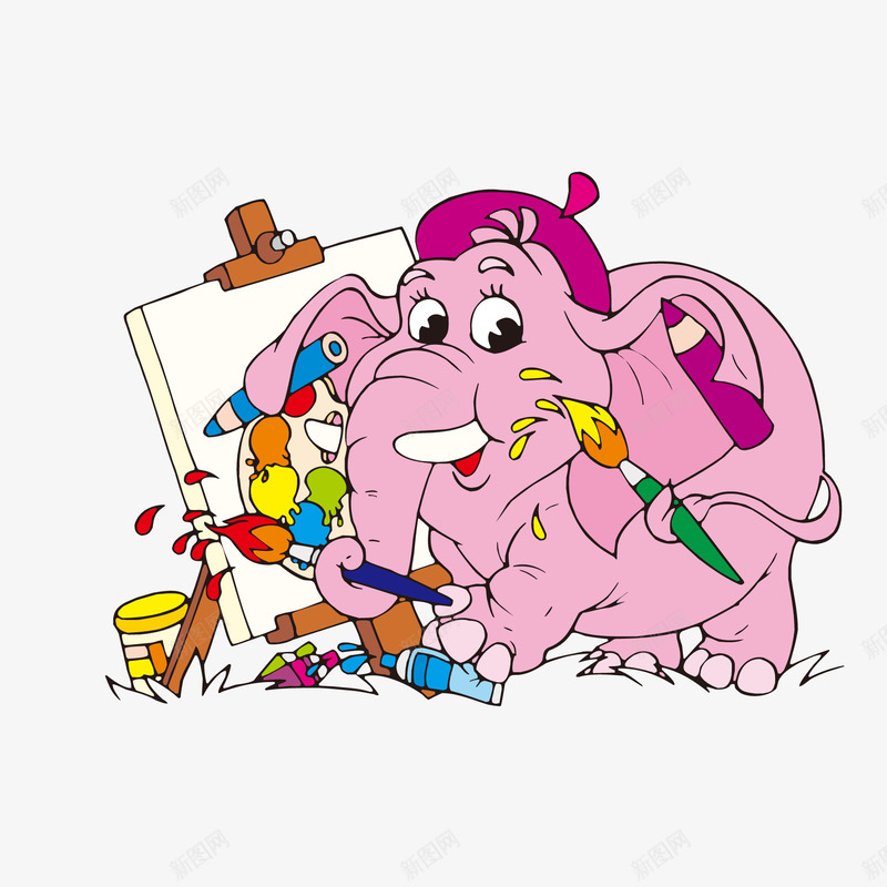 画画的大象动物矢量图ai免抠素材_新图网 https://ixintu.com 创意插画 卡通 画家大象 粉红色大象 绘画的大象 矢量图