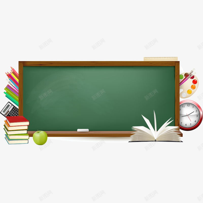 学习用品png免抠素材_新图网 https://ixintu.com 上学 书 书本 学习 学习工具 学习用品 教育 时钟 铅笔 黑板