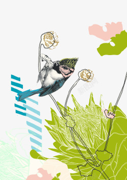 绿色抽象画抽象画绿色草丛植物小鸟高清图片