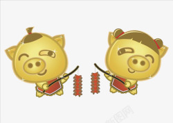 两个金猪卡通金猪放烟花高清图片