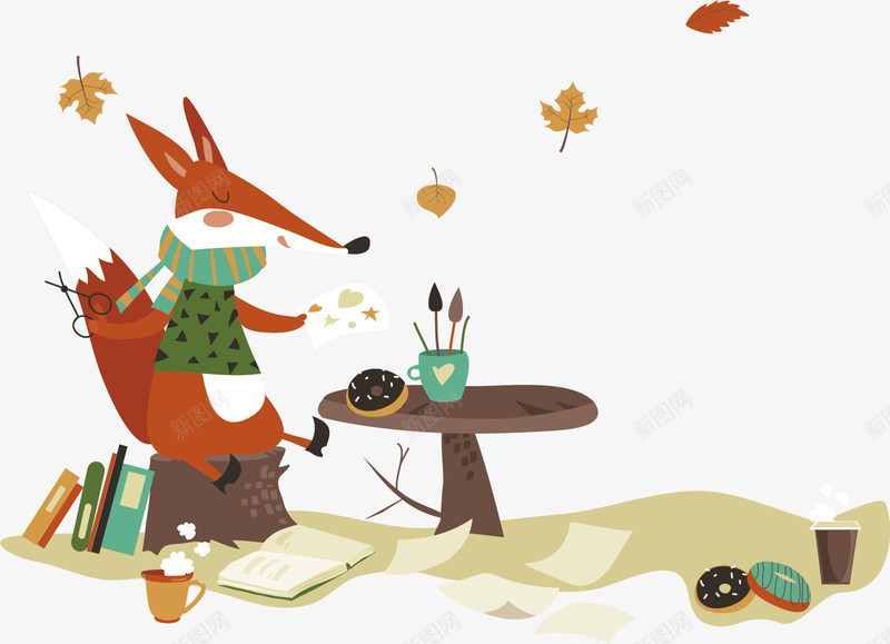 坐在树墩上的狐狸png免抠素材_新图网 https://ixintu.com 动物 叶子 宠物 树墩 狐狸 甜甜圈 落叶 食物