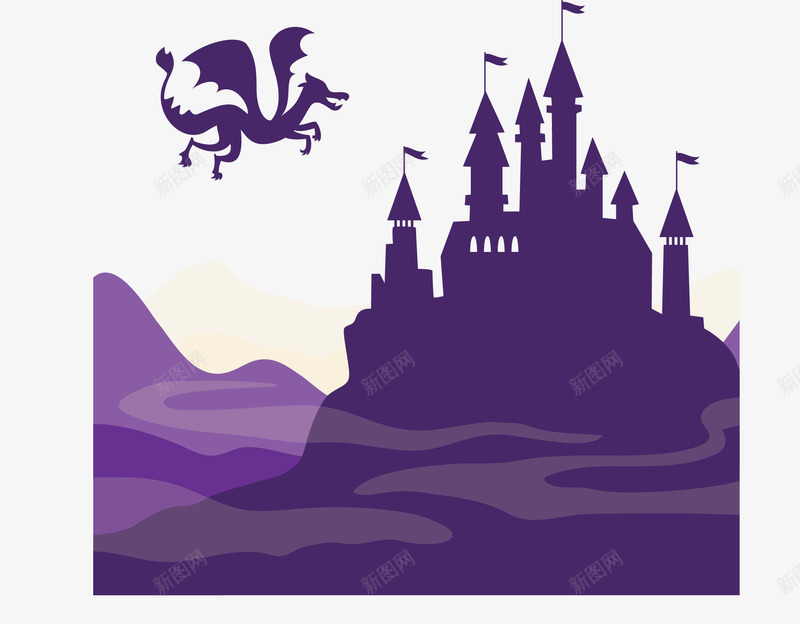 飞向城堡的紫色恶龙矢量图ai免抠素材_新图网 https://ixintu.com 儿童教育 恶龙 矢量png 童话故事 紫色恶龙 飞向城堡 矢量图