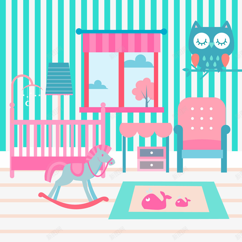 粉红色婴儿的空间png免抠素材_新图网 https://ixintu.com 台灯 地板 床 木马 条纹 桌子 椅子 玩具 窗户 粉红色婴儿