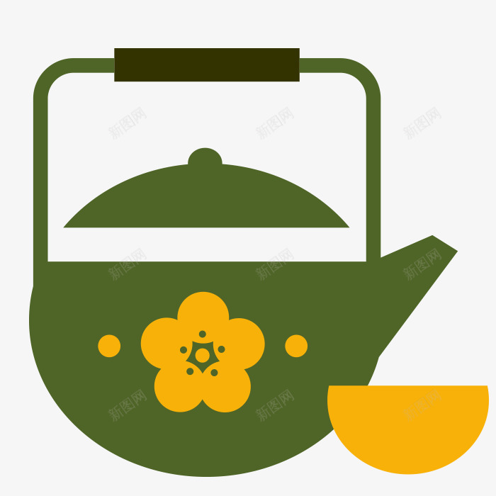 花朵图案水壶png免抠素材_新图网 https://ixintu.com 一个 卡通 手绘 杯子 梅花 绿色 茶壶 黄色 黑色