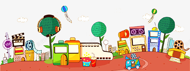 手绘抽象城市建筑插画png免抠素材_新图网 https://ixintu.com 卡通 小车 建筑 插画 气球 漫画 风景