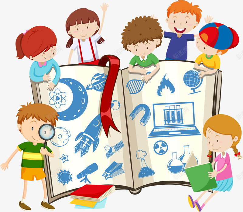 孩子围绕书本学习插画png免抠素材_新图网 https://ixintu.com 丝带 书本 儿童 学习 教育 理科