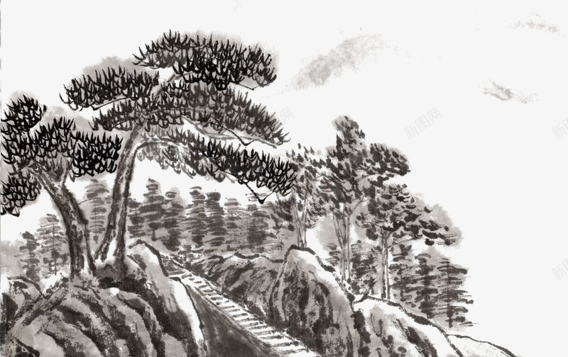 松树和石头png免抠素材_新图网 https://ixintu.com 卡通 手绘 松树 水墨 石头 简图 风景画 黑色