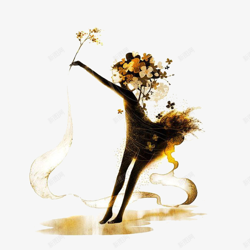 舞动丝带的小女孩psd免抠素材_新图网 https://ixintu.com 光 女孩 抽象画 现代抽象画 花朵 跳舞 金色丝带