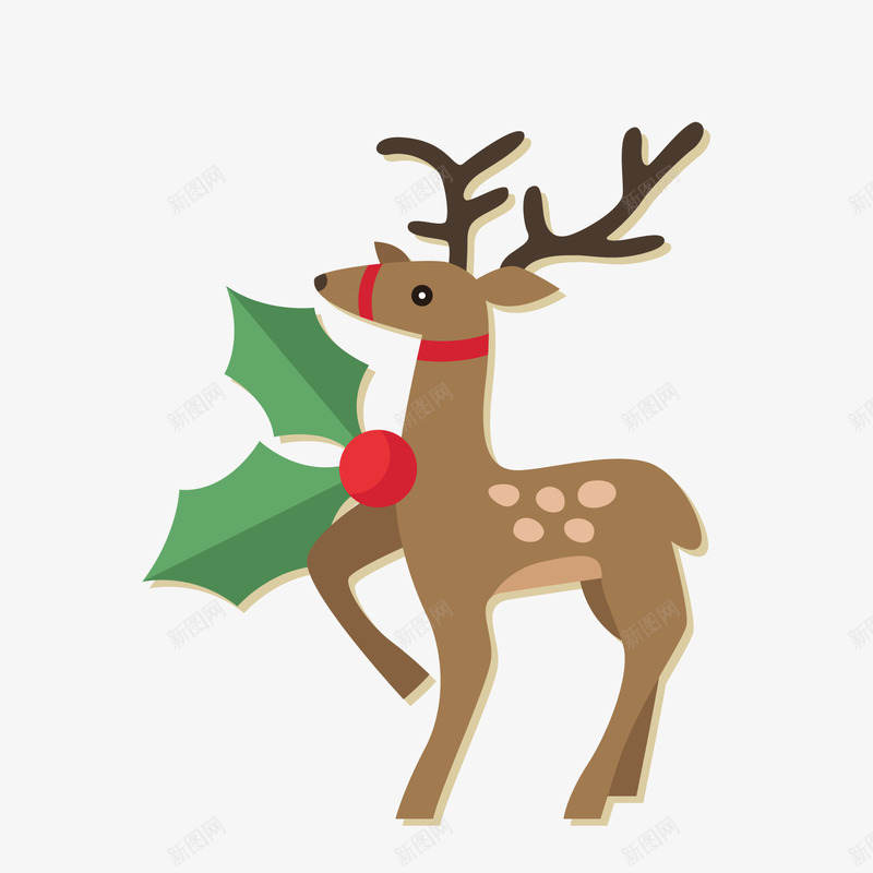 卡通圣诞节麋鹿png免抠素材_新图网 https://ixintu.com 卡通动物 圣诞节装饰 小鹿 梅花鹿 绿色叶子 麋鹿