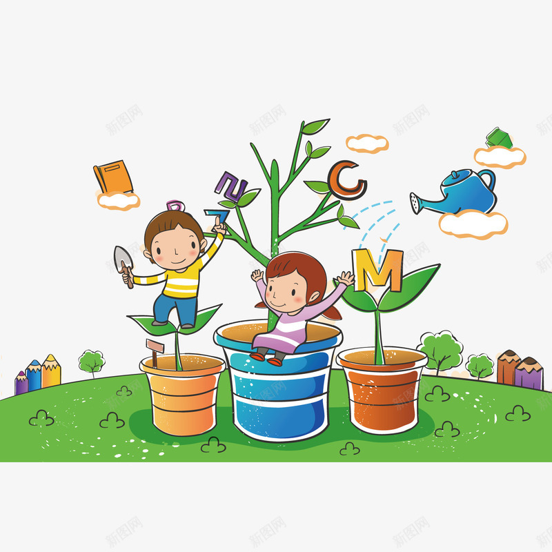 美丽可爱的卡通儿童坐在叶花瓶png免抠素材_新图网 https://ixintu.com 儿童 学习 教育 浇灌 花盆