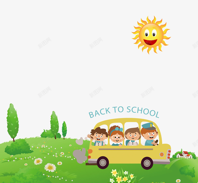 开学季背景png免抠素材_新图网 https://ixintu.com 上学 卡通 快乐 手绘 教育 校车 童趣 绿色的 花朵