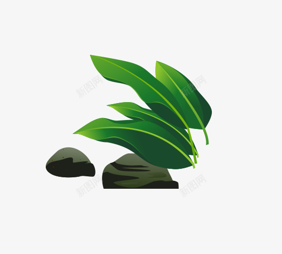 绿叶和石头png免抠素材_新图网 https://ixintu.com 卡通植物 卡通石头 卡通绿叶 绿色 黑色
