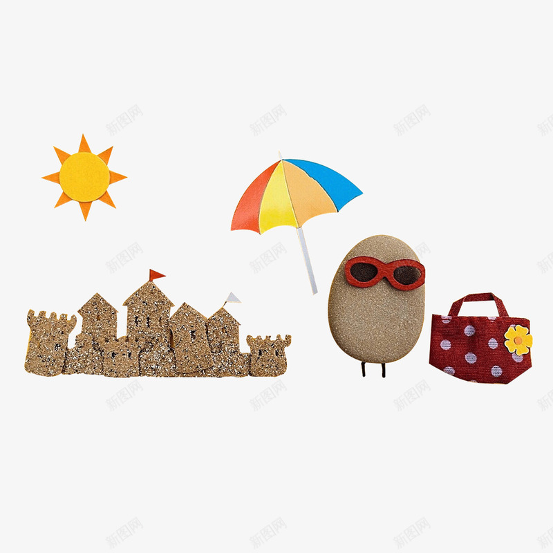 创意沙滩游玩png免抠素材_新图网 https://ixintu.com 创意 城堡 太阳伞 旅游 沙滩 游玩 石头 背包