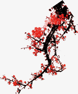 红色梅花树枝毛笔字素材