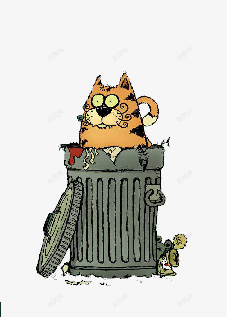垃圾桶里的猫png免抠素材_新图网 https://ixintu.com 卡通手绘 卡通鱼骨头 垃圾桶 教育 装饰 鱼刺