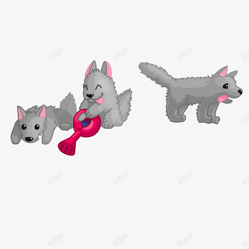 三只小狼狗png免抠素材_新图网 https://ixintu.com 动物 卡通 可爱 小狼狗 浇花 灰色 玩球的狗狗 玩耍 粉红色