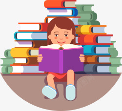 跪坐在书堆上面的女生微笑卡通读书女孩高清图片