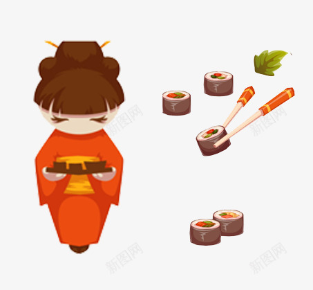 寿司png免抠素材_新图网 https://ixintu.com 叶子 寿司 日本女孩 筷子 美食