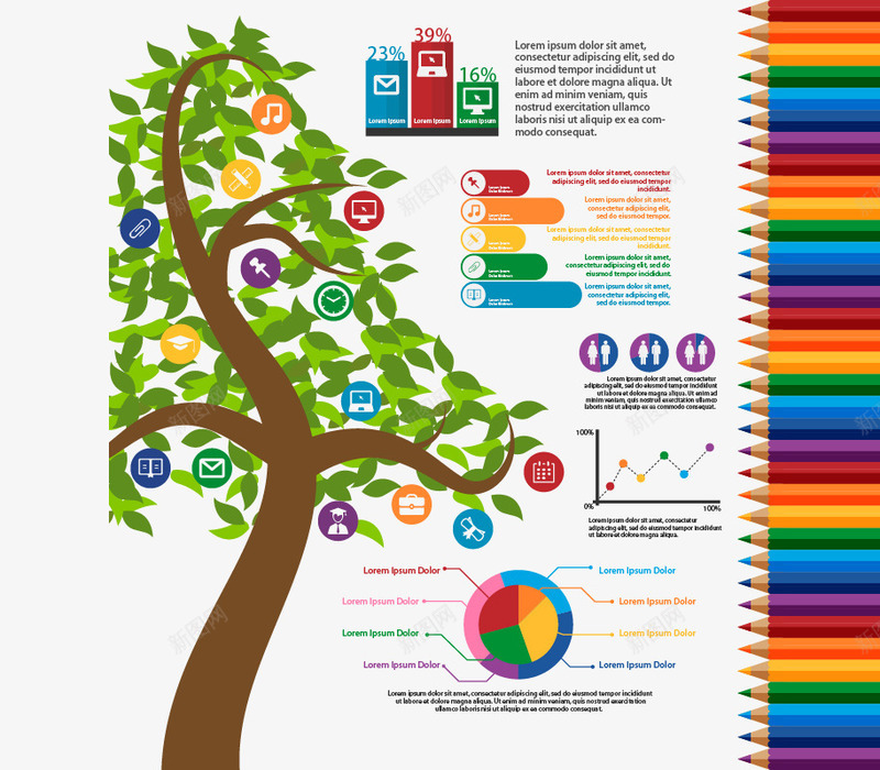 卡通绿树教育信息图图标png_新图网 https://ixintu.com 信息图 图标 教育 数据分析 树 铅笔