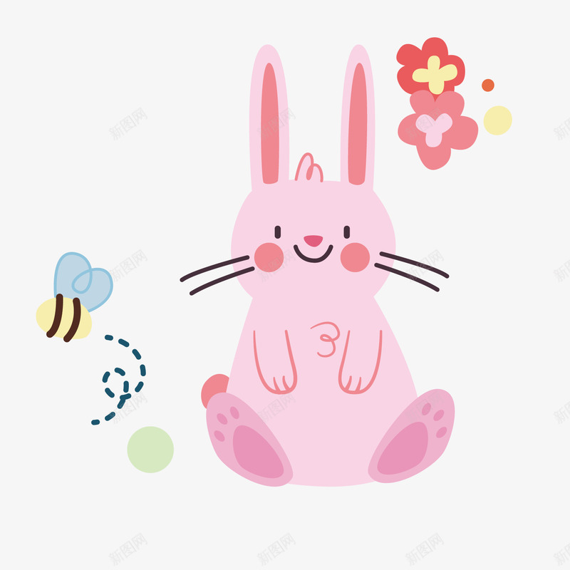 粉色兔子卡通手绘矢量图ai免抠素材_新图网 https://ixintu.com 动物 卡通 可爱 粉红色兔子 红花 蜜蜂 矢量图