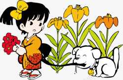 插图女孩摘花抱在怀中手绘插图日本小女孩路边摘花高清图片