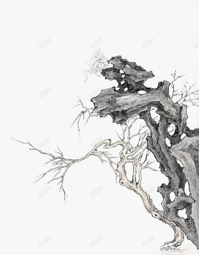 国画png免抠素材_新图网 https://ixintu.com 国画 国画素材 枯树 石头 绘画