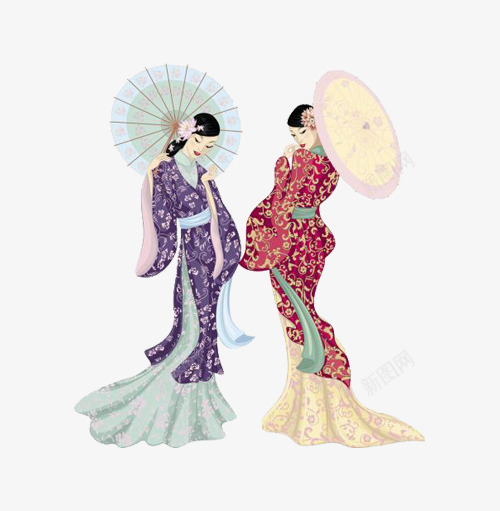 两个女士穿和服撑伞png免抠素材_新图网 https://ixintu.com 卡通 和服 女士 撑伞 日本和服女