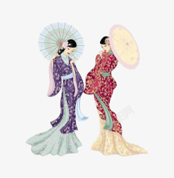 两个女士穿和服撑伞素材