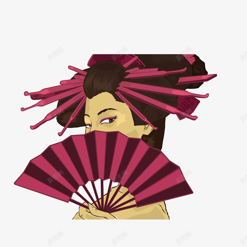 卡通扇子遮脸的日本女子png免抠素材_新图网 https://ixintu.com 卡通遮挡 扇子遮脸 手拿扇子 日本女子