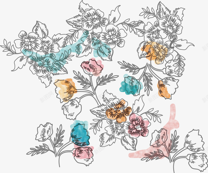 手绘花草矢量图ai免抠素材_新图网 https://ixintu.com 小清新 水彩 线条 装饰 矢量图