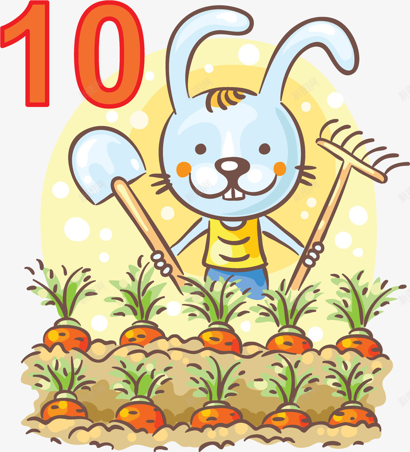 10根胡萝卜和小兔子简图png免抠素材_新图网 https://ixintu.com 卡通小铁锹 土壤 小兔子 插画 数字 简图 耙子 胡萝卜 胡萝卜叶 铁锹