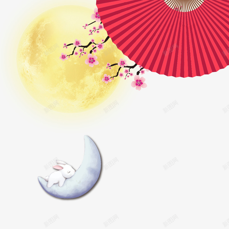 中秋节海报装饰png免抠素材_新图网 https://ixintu.com 中国风 中秋节 小兔子 扇子 手绘 月亮