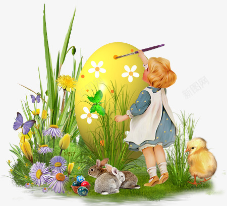 小女孩画彩蛋png免抠素材_新图网 https://ixintu.com 免抠 兔子 小女孩 小鸡 彩蛋 画彩蛋 素材 花丛