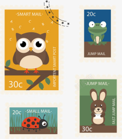 卡通动物邮票矢量图素材