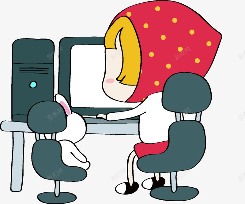 坐在椅子上玩电脑的女孩和兔子png免抠素材_新图网 https://ixintu.com 卡通 女孩和兔子 玩电脑的人 电脑 网络