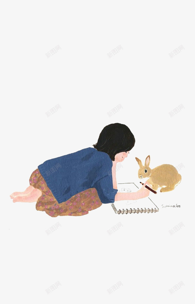 和兔子玩的女孩png免抠素材_新图网 https://ixintu.com 女孩 小兔子 玩兔子 蓝色