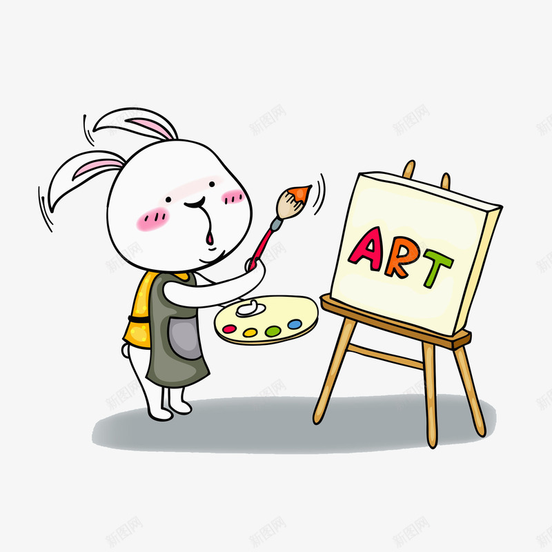 画家兔子png免抠素材_新图网 https://ixintu.com 兔子 可爱 围裙 手绘 画家 画架 白色 艺术字 调色盘