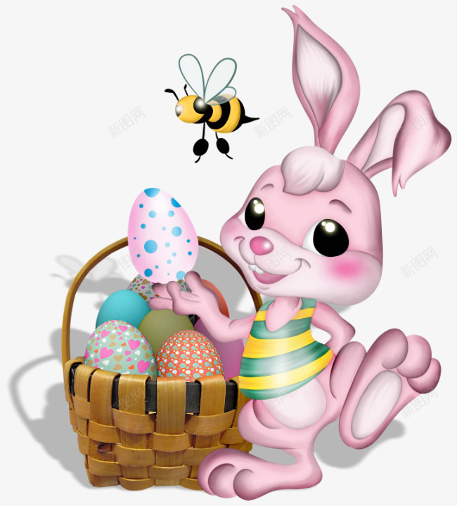 卡通手绘可爱粉色小兔子png免抠素材_新图网 https://ixintu.com 卡通兔子 可爱 小蜜蜂 粉色 编织篮子