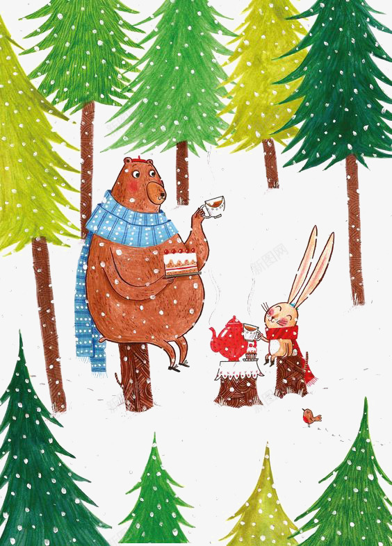树林里的小动物们png免抠素材_新图网 https://ixintu.com 卡通 小兔子 小熊 手绘 插画 树林 森林