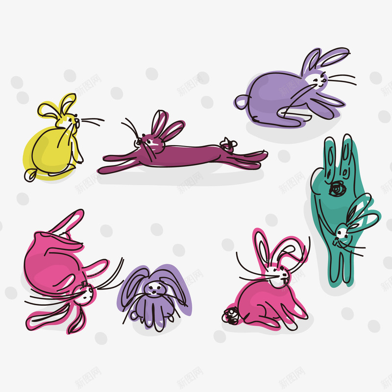 各种兔子的涂鸦矢量图ai免抠素材_新图网 https://ixintu.com 兔子 坐着 奔跑 涂鸦 玫瑰色 紫色 绿色 黄色 矢量图