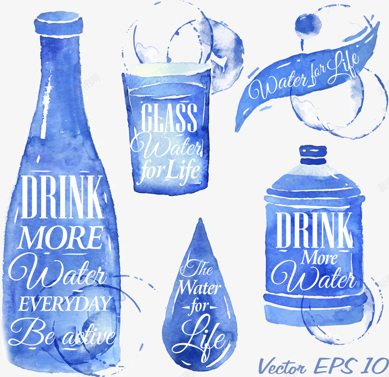 水元素水彩画png免抠素材_新图网 https://ixintu.com EPS格式 水 水元素 水彩画 水桶 水滴 水瓶 蓝色